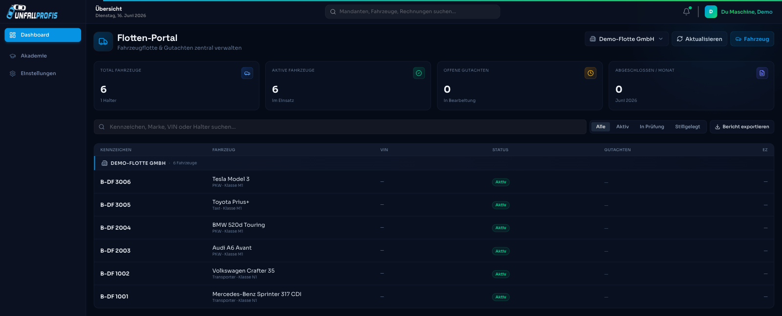 Flotten-Portal — Fuhrpark-Übersicht (Dunkel)